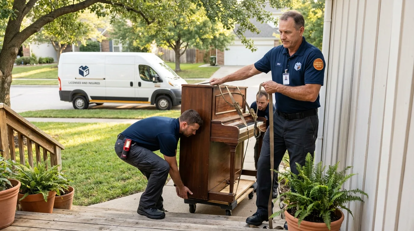 Licensed piano movers securing grand piano in Kewanee, IL