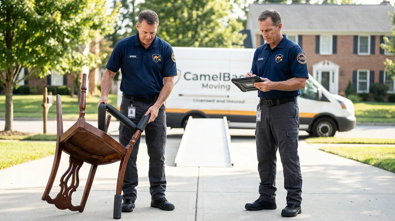 Movers inspecting furniture for damage prevention before loading in Kewanee, IL