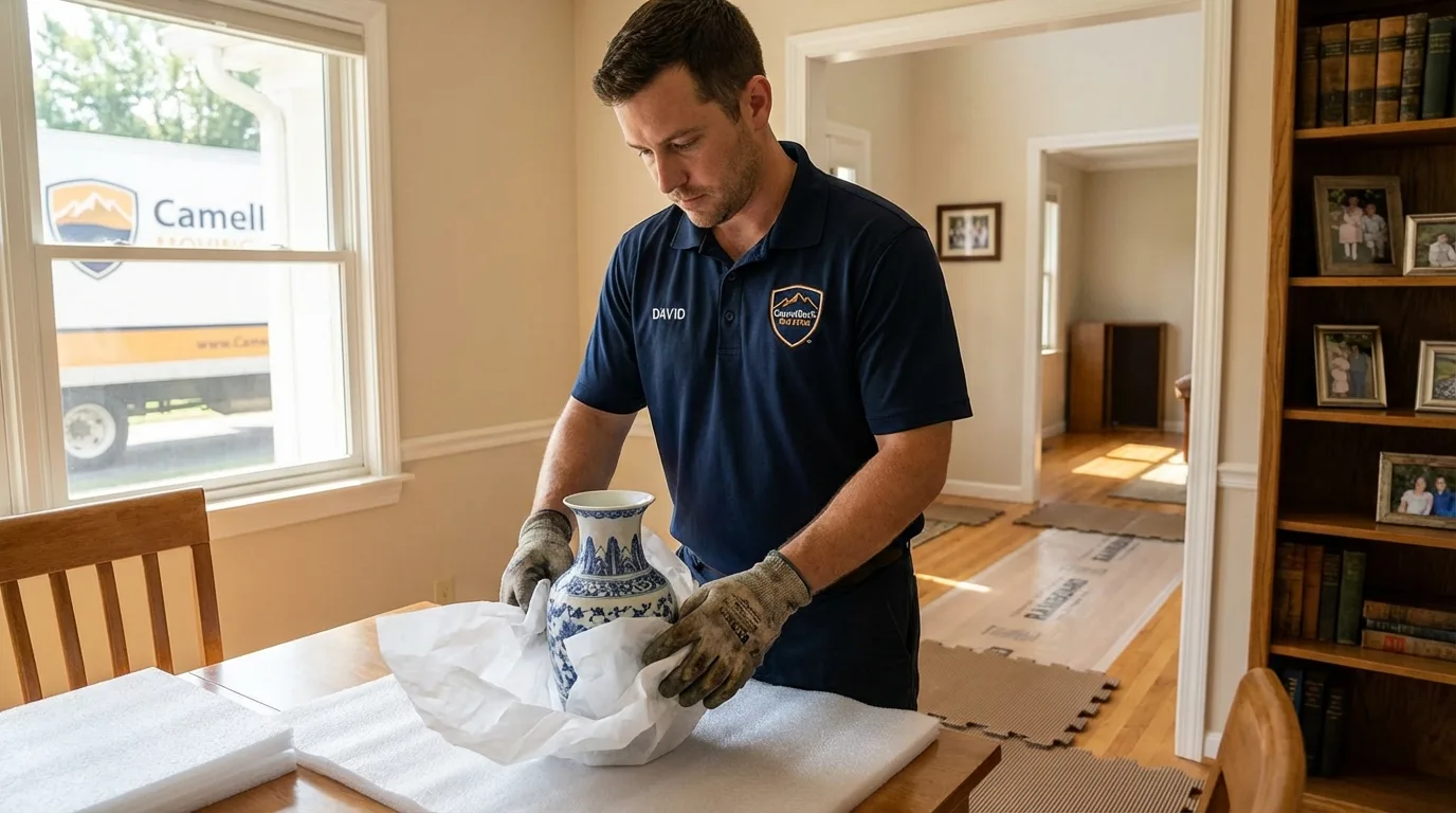 Professional crew carefully wrapping antique vase for senior downsizing move in Kewanee, IL